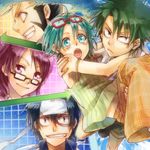  3boys black_hair blonde_hair carrying eyewear_on_head glasses green_eyes green_hair grin headband lowres mori_ai multicolored_hair multiple_boys multiple_girls princess_carry purple_eyes purple_hair rinko_jerrard sano_seiichirou shion_(kizuro) short_hair smile souya_hideyoshi ueki_kosuke ueki_no_housoku 