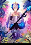  armor armored_dress bad_id bad_pixiv_id bangs blunt_bangs choker cocorip crown dress flower forest gwendolyn hair_ornament hand_on_neck leaf nature odin_sphere polearm purple_eyes solo spear strapless strapless_dress tiara weapon white_hair 