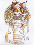 absurd_res anthro breasts clothed clothing ear_piercing egyptian feline female hi_res looking_at_viewer mammal michele_light mummy nipples piercing pinup pose skimpy solo traditional_media undead 