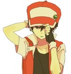  baseball_cap black_hair fingerless_gloves gloves hat male_focus pixiv_red pokemon pokemon_(game) pokemon_rgby red_(pokemon) red_(pokemon_rgby) simple_background solo tomtomjm 