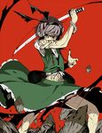  bad_id bad_pixiv_id black_hairband facial_mark grey_hair hairband highres horns konpaku_youmu muscle peptide red_background red_eyes short_hair simple_background skirt skirt_set solo sword tattoo touhou weapon 