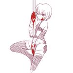  anonymous_drawfag arm_strap bandages blood blood_on_face boots fate/apocrypha fate_(series) highres jack_the_ripper_(fate/apocrypha) monochrome pole pole_dancing polearm pun scar short_hair solo spot_color stripper_pole thigh_boots thighhighs weapon 