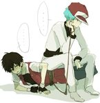  2boys apollo_(pokemon) baseball_cap black_eyes black_hair blue_hair bound fingerless_gloves gloves hat headwear_removed male_focus multiple_boys pixiv_red pokemon pokemon_(game) pokemon_gsc pokemon_hgss red_(pokemon) red_(pokemon_rgby) rope simple_background sitting team_rocket tied_up tomtomjm 