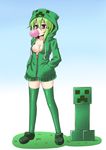  blush breasts bubble_blowing chewing_gum creeparka creeper green_hair hands_in_pockets hood hooded_jacket ichimi jacket medium_breasts minecraft no_bra personification purple_eyes zipper 