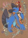  ajisaien3260 bandana brown_background brown_hair closed_eyes flower gen_3_pokemon gloves haruka_(pokemon) hat pokemon pokemon_(creature) pokemon_(game) pokemon_rse smile swampert tegaki 