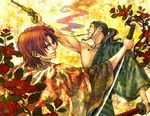  2boys ben_beckman black_hair flower gun japanese_clothes male male_focus multiple_boys one_piece over_shoulder pipe ponytail red_eyes red_hair scar shanks smoking sword weapon 