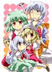  4girls blonde_hair blush ex-keine flandre_scarlet glasses horns kamishirasawa_keine kazami_yuuka long_hair morichika_rinnosuke multiple_girls short_hair side_ponytail silver_hair sweat touhou wings yakumo_yukari younger yuzuyunagi 