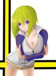  bottomless breast_hold breast_squeeze breasts charlotte_dunois cleavage crossed_arms green_hair highres infinite_stratos jacket kidoriyacats large_breasts naked_track_jacket purple_eyes short_hair smile solo track_jacket unzipped 