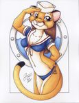  clothed clothing cougar feline female hat mammal michele_light navy salute skimpy solo uniform 