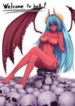  bad_id bad_pixiv_id barefoot blue_hair breast_suppress breasts copyright_request coupe50 crossed_legs demon_girl demon_wings english facial_mark feet fingernails horns large_breasts large_wings legs long_hair long_legs looking_at_viewer nail_polish navel nude red_skin sitting skull smile solo toenails toes very_long_hair wings yellow_eyes 