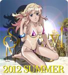  bikini blonde_hair blue_eyes breasts cp_o highres lens_flare long_hair macross macross_frontier medium_breasts micro_bikini navel sheryl_nome solo swimsuit tan tanline 