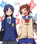  amami_haruka bad_id bad_pixiv_id bag blazer blue_hair brown_hair cardigan closed_eyes hair_ribbon holding_hands idolmaster idolmaster_(classic) jacket kisaragi_chihaya long_hair multiple_girls open_mouth ribbon school_bag school_uniform serafuku skirt smile yurixxx 