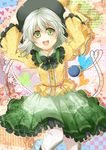  absurdres bow bowtie embellished_costume frills green_eyes green_hair hands_on_headwear heart highres komeiji_koishi kuronohana looking_at_viewer open_mouth pantyhose smile solo symbol-shaped_pupils touhou white_legwear 