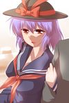  alternate_costume arm_hug blush contemporary hat hetero nagae_iku neckerchief open_mouth purple_hair red_eyes school_uniform serafuku short_hair smile solo_focus touhou upper_body yoshi_tama 