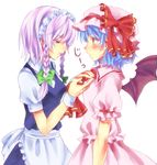  apron bad_id bad_pixiv_id bat_wings blouse blue_eyes blue_hair blush braid ears faux_traditional_media hat hat_ribbon hifumi_(art_sky_littel) izayoi_sakuya lips looking_at_another looking_down maid_headdress mob_cap multiple_girls profile red_eyes remilia_scarlet ribbon short_sleeves silver_hair simple_background skirt touhou twin_braids vest white_background wings wrist_cuffs 