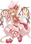  blonde_hair dress flandre_scarlet frills hat long_hair outstretched_arm panzer pointy_ears red_eyes side_ponytail solo stuffed_animal stuffed_toy teddy_bear thighhighs touhou white_legwear wings wrist_cuffs 