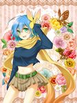  belt blue_hair bug butterfly butterfly_hair_ornament cowboy_shot crop_top floral_background flower green_eyes hair_ornament highres insect kuronohana midriff navel open_mouth original pleated_skirt scarf shiny shiny_skin short_hair skirt smile solo sweater yellow_scarf 