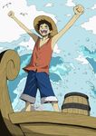  1boy barrel bird black_hair blue_sky boat clenched_hand cloud clouds east_blue fist hat male male_focus monkey_d_luffy ocean one_piece outdoors red_vest scar seagull shorts sky smile solo straw_hat vest water 