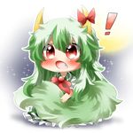  1girl bad_id bad_pixiv_id blush chibi dress ex-keine fang green_dress green_hair horn_ribbon horns kamishirasawa_keine neckerchief open_mouth rebecca_(keinelove) red_eyes ribbon solo sparkle tail touhou 