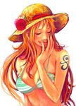  bad_id bad_pixiv_id bikini_top breasts closed_eyes faux_traditional_media hand_on_own_face hat large_breasts long_hair nail_polish nami_(one_piece) one_piece orange_hair smile solo straw_hat tattoo tsuyomaru white_background 