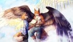  2017 canine clothed clothing day digital_media_(artwork) duo feathered_wings feathers fox fur male mammal orange_fur outside ravoilie sky smile wings 