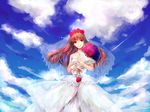  bare_shoulders blue_flower blue_rose bouquet brown_hair cloud day dress echoes_(cassandratree) flower ib ib_(ib) long_hair older red_eyes red_flower red_rose rose sky smile solo veil wedding_dress 