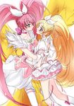  blonde_hair blue_eyes bow braid choker crescendo_cure_melody crying cure_melody cure_rhythm earrings green_eyes heart houjou_hibiki hug jewelry long_hair minamino_kanade miniskirt multiple_girls petticoat pink_choker pink_hair precure ribbon ribbon_choker sketch skirt suite_precure tears thighhighs tima very_long_hair white_background white_choker yellow_wings 