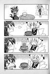  &gt;_&lt; 4koma ? abduction aburaage bowl chen chopsticks closed_eyes comic crying doujinshi food girotin_ginza greyscale highres monochrome multiple_girls silent_comic touhou trembling ufo yakumo_ran 