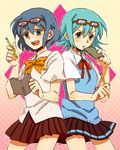  ar_(rikuesuto) blue_eyes blue_hair crossover eyewear_on_head glasses green_hair inazuma_eleven inazuma_eleven_(series) look-alike mori_ai multiple_girls notebook otonashi_haruna pencil ribbon skirt ueki_no_housoku 