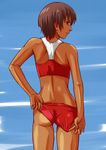  1girl ass brown_eyes brown_hair dark_skin looking_at_viewer looking_back panties panty_pull tomboy tomoshiki toned underwear 