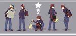  1boy backpack bag berries blue_pants climbing creature_on_head cyndaquil feeding flipped_hair food fruit full_body gen_2_pokemon grey_background hand_in_pocket highres holding holding_bag holding_food holding_fruit knee_up konika leaning_forward long_sleeves looking_at_viewer map multiple_views on_head outstretched_arm pants pokemon pokemon_(creature) pokemon_(game) pokemon_hgss pokemon_on_head reaching reading red_hair shaded_face shoulder_bag silver_(pokemon) simple_background sitting standing star 