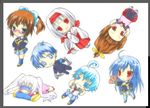  ahoge ajimu_najimi blue_hair chibi dual_persona fan hair_ribbon hairband japanese_clothes kikaijima_mogana kumagawa_misogi kurokami_medaka long_hair medaka_box miko red_eyes ribbon screw screws shiranui_hansode tachiarai_kiruko uniform 