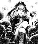  bad_id bad_pixiv_id bangs blunt_bangs boots bow cross-laced_footwear crossed_legs frills from_below front_ponytail greyscale hair_bow highres kagiyama_hina knee_boots lace-up_boots long_hair monochrome nakamura_regura ribbon sitting solo touhou 