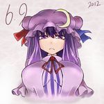  2012 breasts crescent dated dress frown large_breasts long_hair patchouli_knowledge purple_eyes purple_hair ribbon simple_background solo tetsua_rei touhou upper_body 