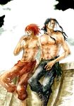  2boys abs amputee ben_beckman black_hair boots cigarette leaning long_hair male male_focus multiple_boys muscle one_piece red_hair sash scar shanks ship smoking standing topless 