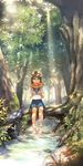  bad_id bad_pixiv_id bag barefoot branch brown_hair eating fern food formalin fruit green_eyes highres original pleated_skirt river school_bag school_uniform serafuku sitting skirt soaking_feet solo sunlight tree water watermelon 