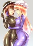  ass asymmetrical_docking black_bodysuit blonde_hair blue_eyes blush bodysuit breast_press breasts brown_eyes brown_hair cameltoe covered_nipples hair_ribbon hat large_breasts latex long_hair maribel_hearn multiple_girls purple_bodysuit ribbon ronald_(takeronald) saliva saliva_trail shiny shiny_clothes short_hair skin_tight tongue tongue_out touhou usami_renko yuri 