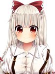  bad_id bad_tinami_id blush breasts fujiwara_no_mokou long_hair medium_breasts red_eyes ringed_eyes silver_hair simple_background smile solo suspenders touhou white_background yagura_miketa 