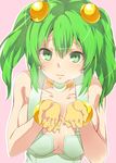  :t amasora_taichi breasts choker cleavage cupping_hands green_eyes green_hair hair_ornament large_breasts mr._prog personification puffy_cheeks rockman rockman_exe short_hair simple_background solo twintails 