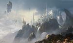  building castle cliff cloud dome fantasy floating_island floating_rock fog highres hill no_humans original path road rock scenery signature sky tower tree water waterfall watermark web_address 