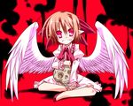  angel_wings blush bow brown_hair frills gengetsu grin hair_bow hemogurobin_a1c indian_style long_sleeves looking_at_viewer pointy_ears red_eyes short_hair sitting skull smile solo touhou touhou_(pc-98) wide_sleeves wings 