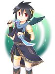  1boy angel black_hair dark_hair dark_pit kid_icarus male male_focus nintendo red_eyes short_hair simple_background solo tunic weapon wings 