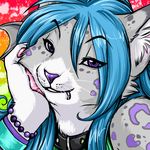  beads blink blinking blue_hair bracelet collar colorful eyes_above_hair facial_piercing feline female fur hair jewelry kzinti lip_piercing looking_at_viewer majime mammal piercing pink_pawpads purple_eyes purple_markings purple_nose solo unknown_artist white_fur 