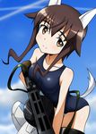  animal_ears brown_eyes brown_hair gun one-piece_swimsuit school_swimsuit solo strike_witches swimsuit tail takei_junko tokiani weapon world_witches_series 
