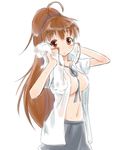  between_breasts breasts brown_eyes brown_hair cowboy_shot looking_at_viewer midriff navel no_bra open_clothes open_shirt sch see-through shirt short_sleeves simple_background solo stomach taneshima_popura towel wet wet_clothes wet_shirt white_background white_shirt working!! 