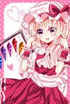  :p adapted_costume ascot bad_id bad_pixiv_id blonde_hair border dress flandre_scarlet ginzuki_ringo hand_on_own_face hat hat_ribbon heart heart-shaped_pupils highres polka_dot polka_dot_background polka_dot_dress purple_eyes red_eyes ribbon sash shadow short_hair short_sleeves side_ponytail smile solo symbol-shaped_pupils tongue tongue_out touhou white_background wings wrist_cuffs 