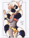  absurd_res anthro clothed clothing ear_piercing female hi_res lemur looking_at_viewer mammal michele_light piercing pinup pose primate ringtail ringtailed_lemur skimpy solo traditional_media 
