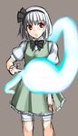  akanagi black_hairband bob_cut bow bowtie grey_background hairband konpaku_youmu konpaku_youmu_(ghost) open_mouth red_eyes short_hair silver_hair simple_background sketch solo standing touhou 