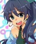  :d bad_id bad_pixiv_id black_hair blue_eyes close-up earrings fang ganaha_hibiki hoop_earrings idolmaster idolmaster_(classic) jewelry long_hair off_shoulder open_mouth ponytail smile solo tank_top yurixxx 