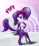  chest_tuft english_text female fifi_la_fume fluffy_tail fur hair hair_bow long_hair looking_at_viewer mammal petite photo_background pink_nose purple_eyes purple_hair raised_arm sitting skunk solo text tiny_toon_adventures tiny_toons tuft walcor warner_brothers 